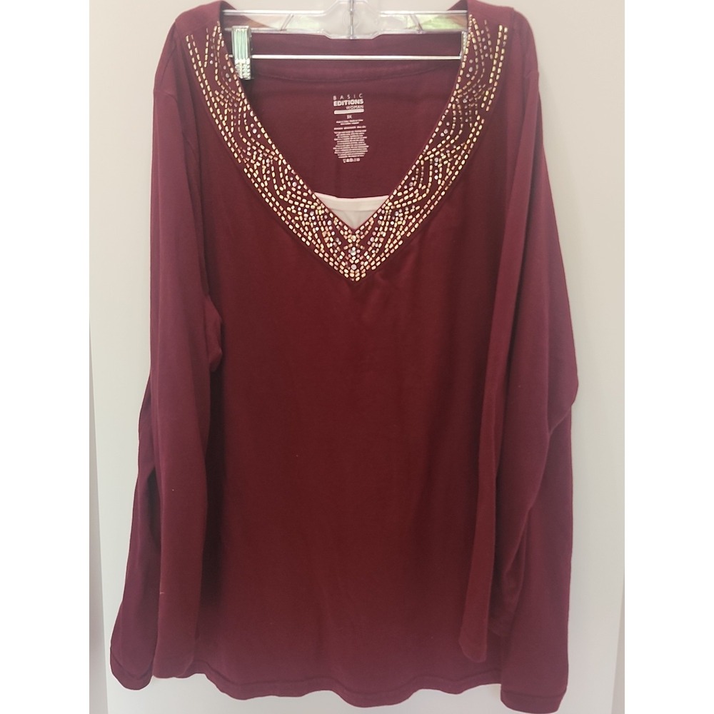 Basic Editions Womens Tops 3x‎ Burgundy With White Fuax Top Underneath